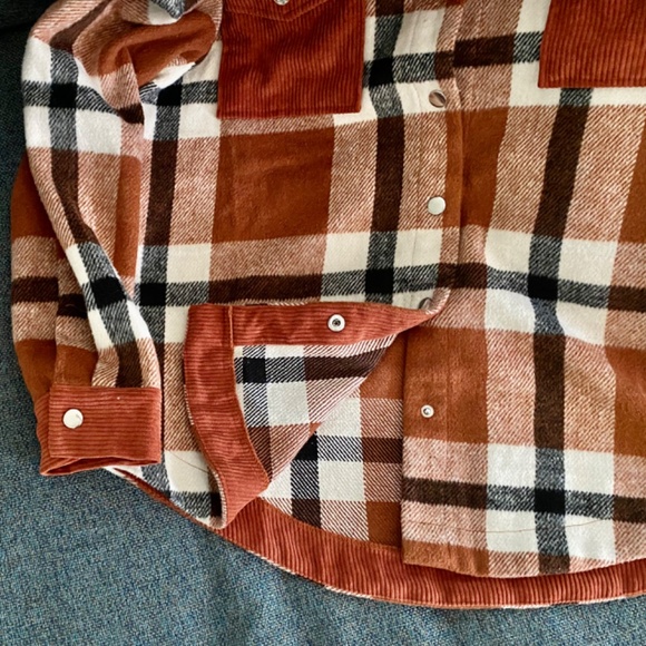 Grace & Lace Flannel Rust Plaid Shacket Small - Med, So Soft Corduroy Trim Snap - Picture 7 of 9